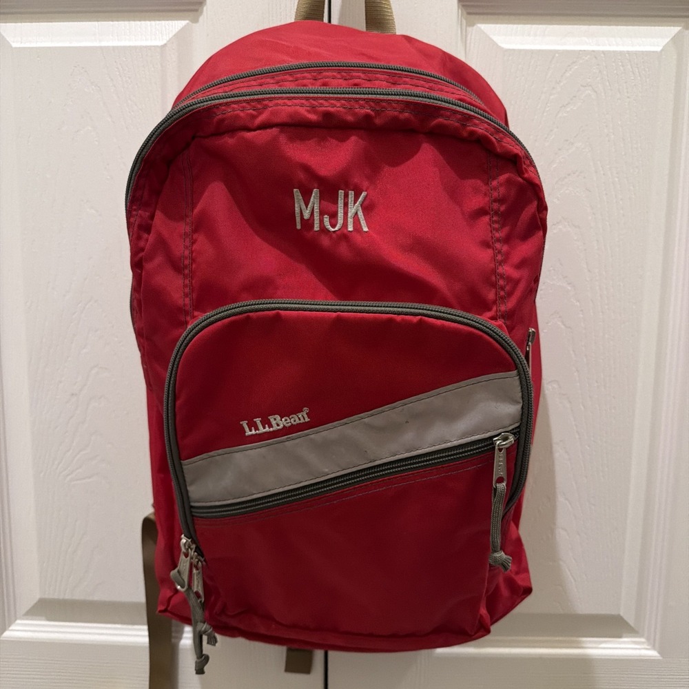 LL Bean Reflective Red Backpack Book Bag Personalized MJK Strap Zip Vintage 90s
